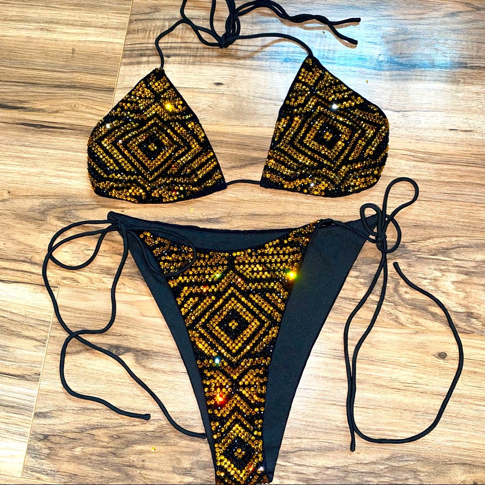 French cut string bikini rhinestoned tribal print